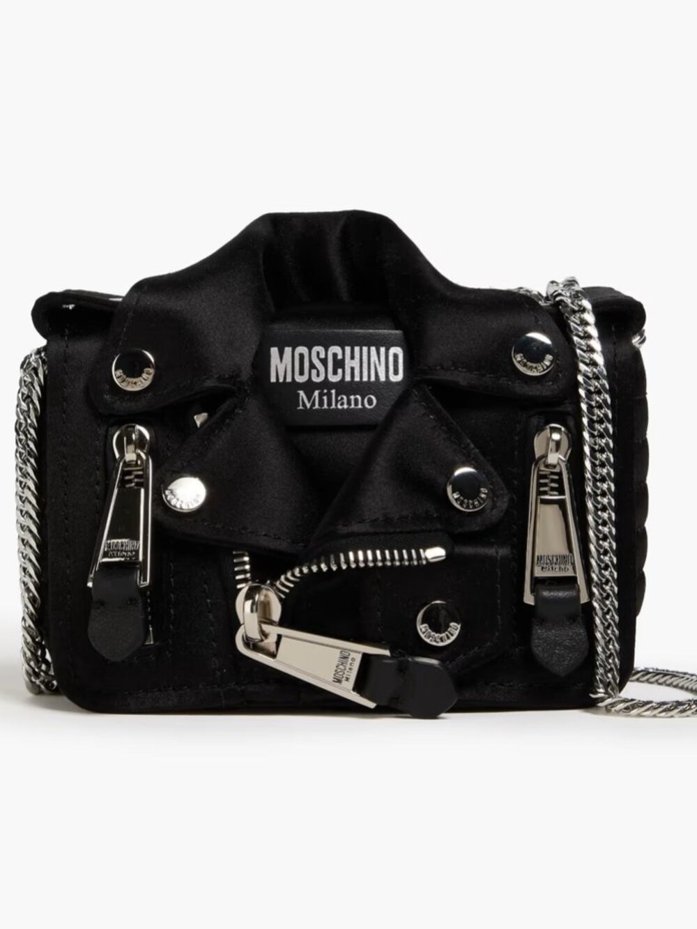 NEW MOSCHINO Biker Embellished Satin Shoulder Bag, Black